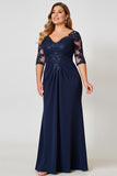Navy Plus Size V Neck Chiffon Long Mother of the Bride Dress with Sleeves