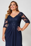 Navy Plus Size V Neck Chiffon Long Mother of the Bride Dress with Sleeves