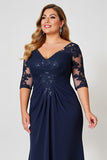Navy Plus Size V Neck Chiffon Long Mother of the Bride Dress with Sleeves