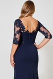 Navy Plus Size V Neck Chiffon Long Mother of the Bride Dress with Sleeves