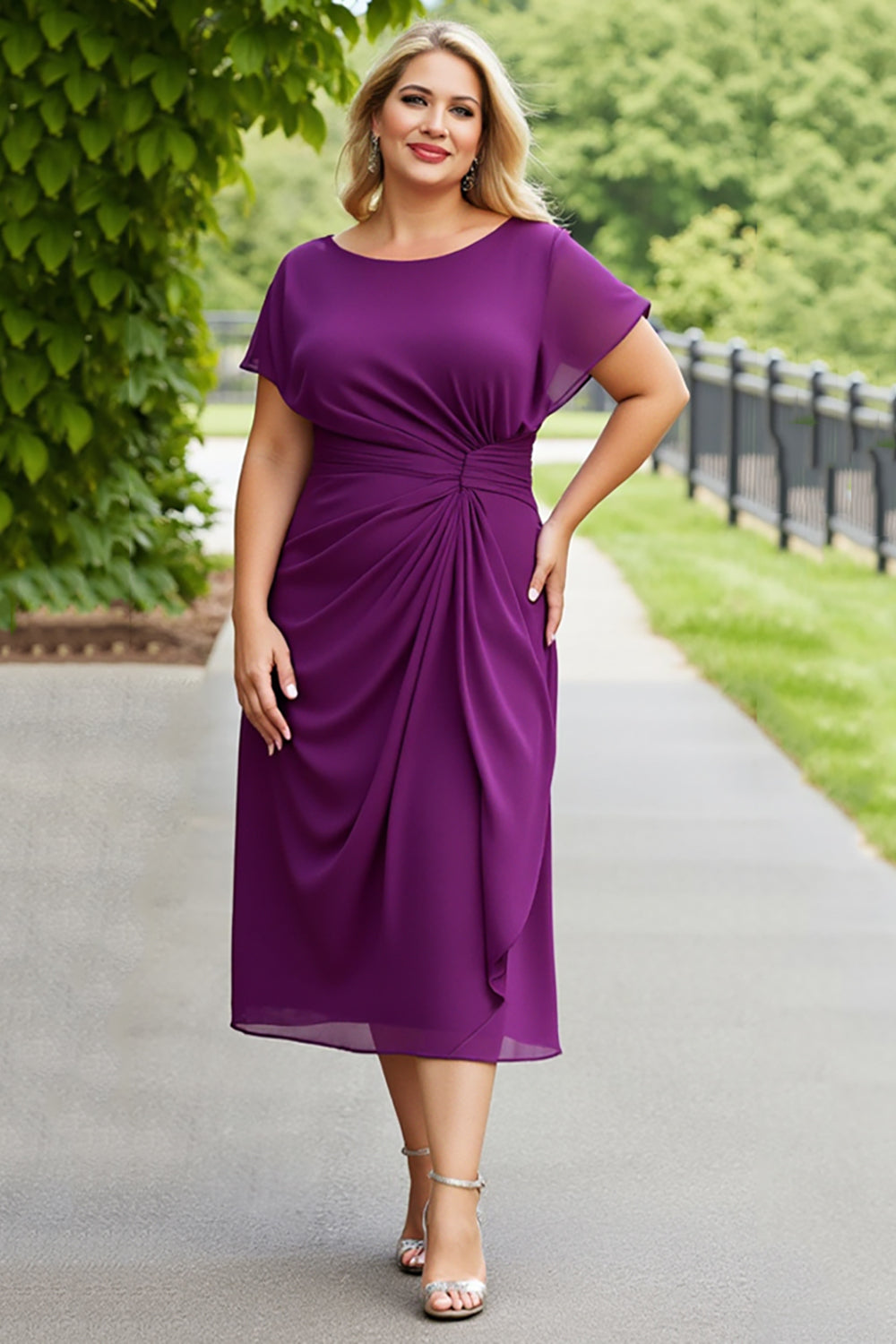 Purple Chiffon Plus Size A Line Long Mother of the Bride Dress with Ruffles