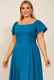 Peacock Satin Plus Size Long Mother of the Bride Dress with Sleeves