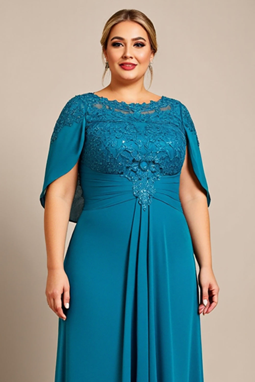 Peacock Chiffon Plus Size Long Mother of the Bride Dress with Appliques