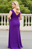 Purple V Neck Plus Size Ruched Long Mother of the Bride Dress