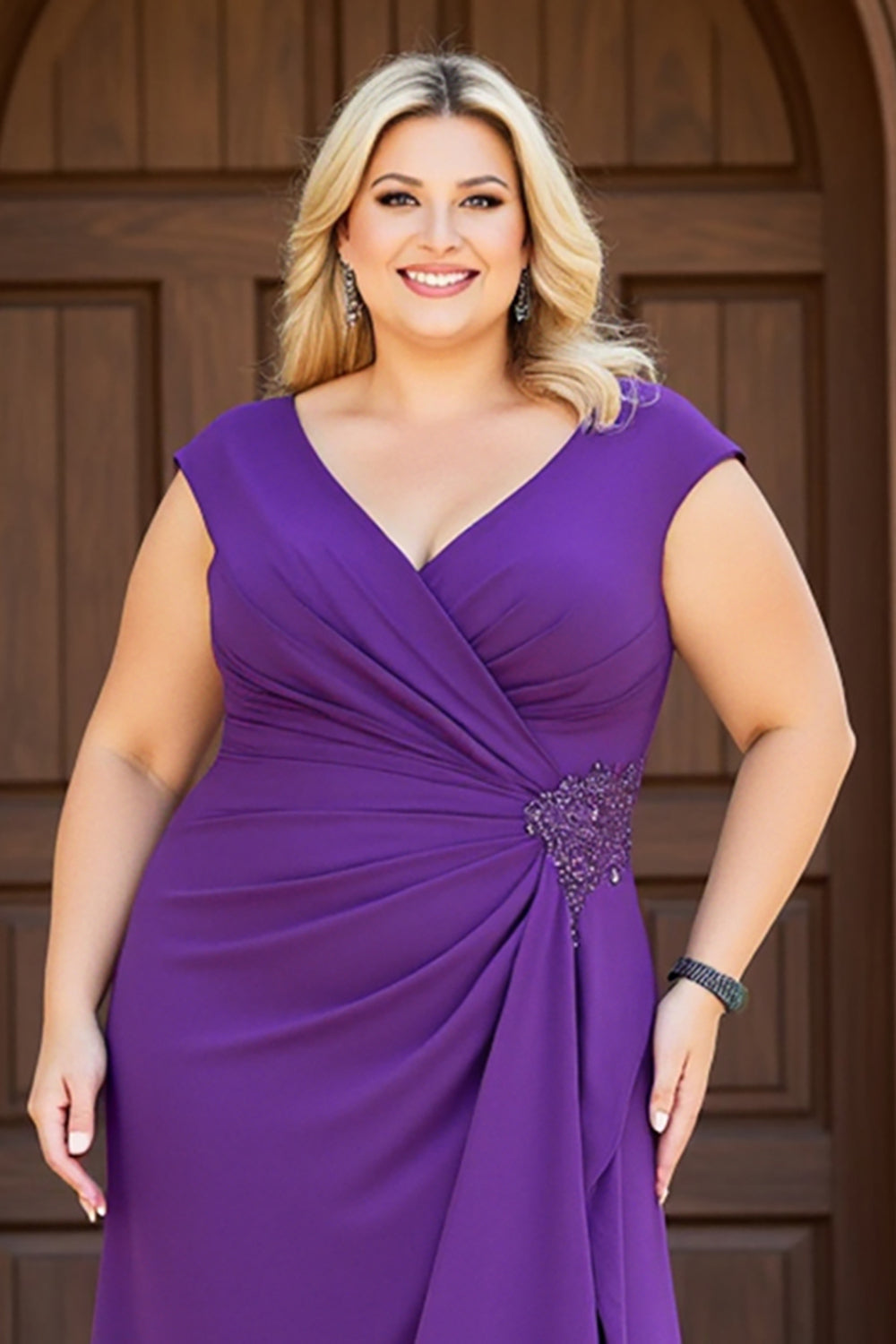 Purple V Neck Plus Size Ruched Long Mother of the Bride Dress