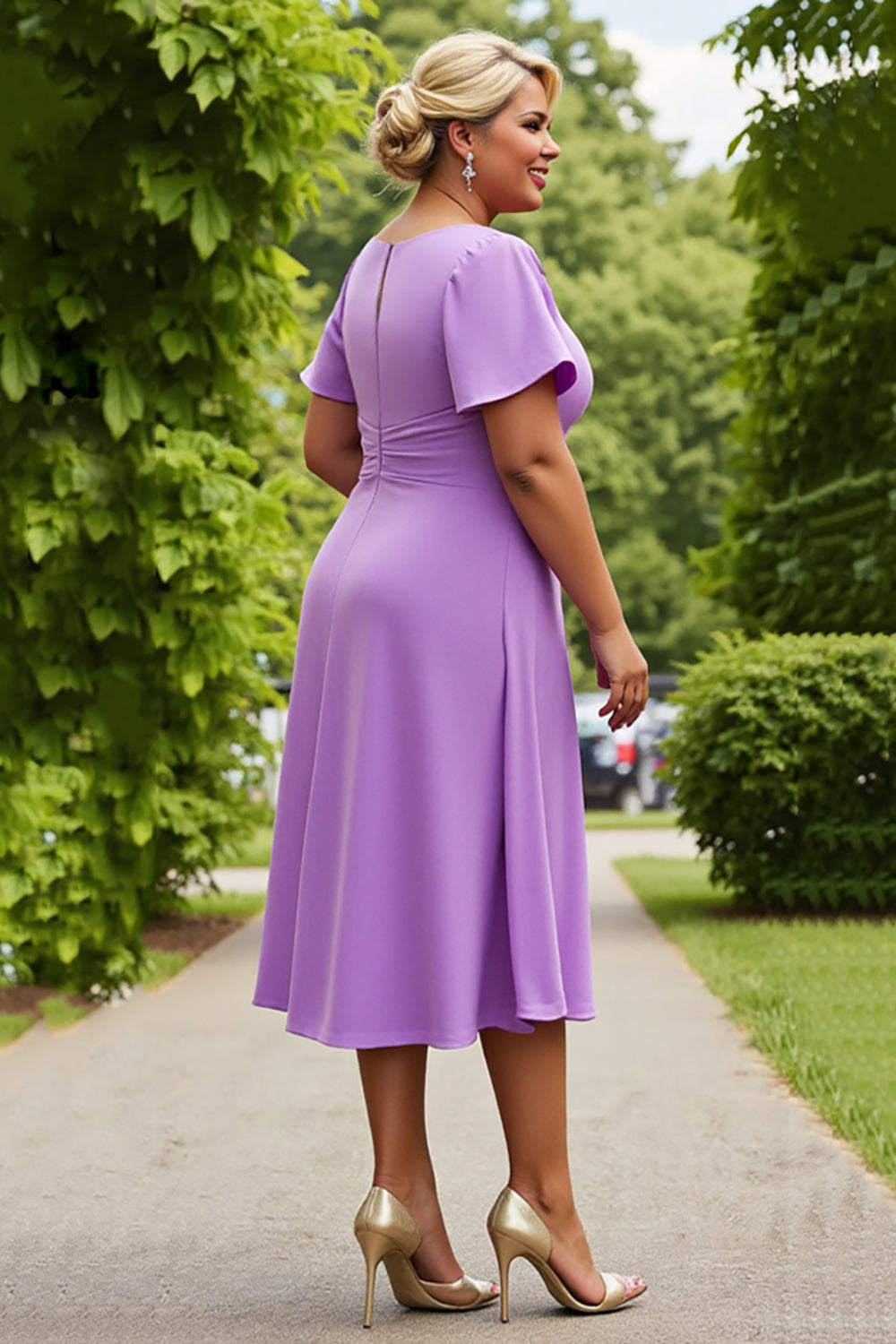 Lilac Plus Size A Line Midi Mother of the Bride Dress with Short Sleeves