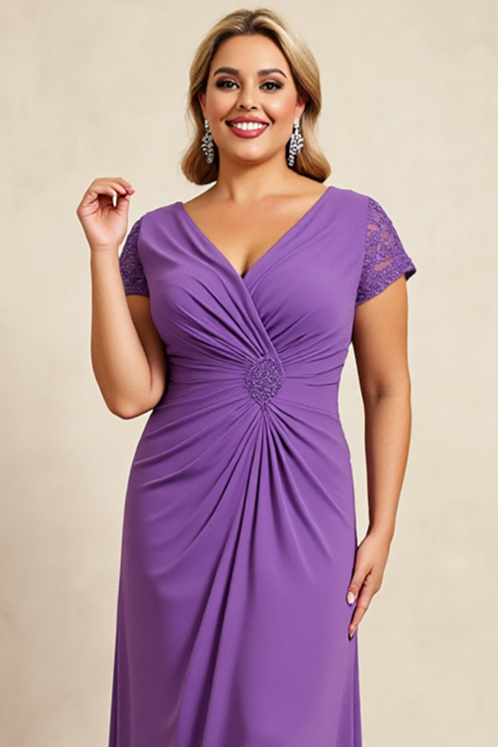 Purple V Neck Long Mother of the Bride Dress with Cap Sleeves