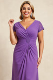 Purple V Neck Long Mother of the Bride Dress with Cap Sleeves