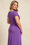 Purple V Neck Long Mother of the Bride Dress with Cap Sleeves