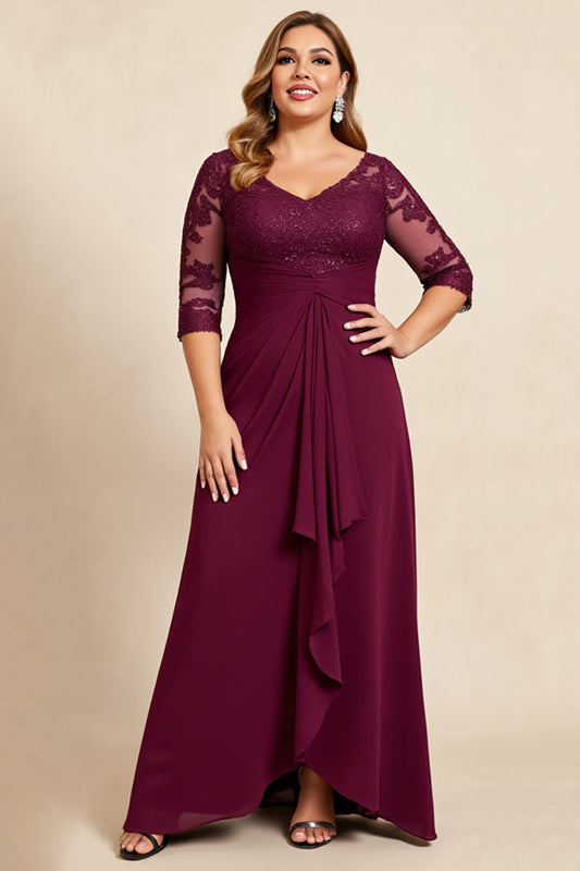 Burgundy Plus Size Appliqued Long Chiffon Mother of the Bride Dress