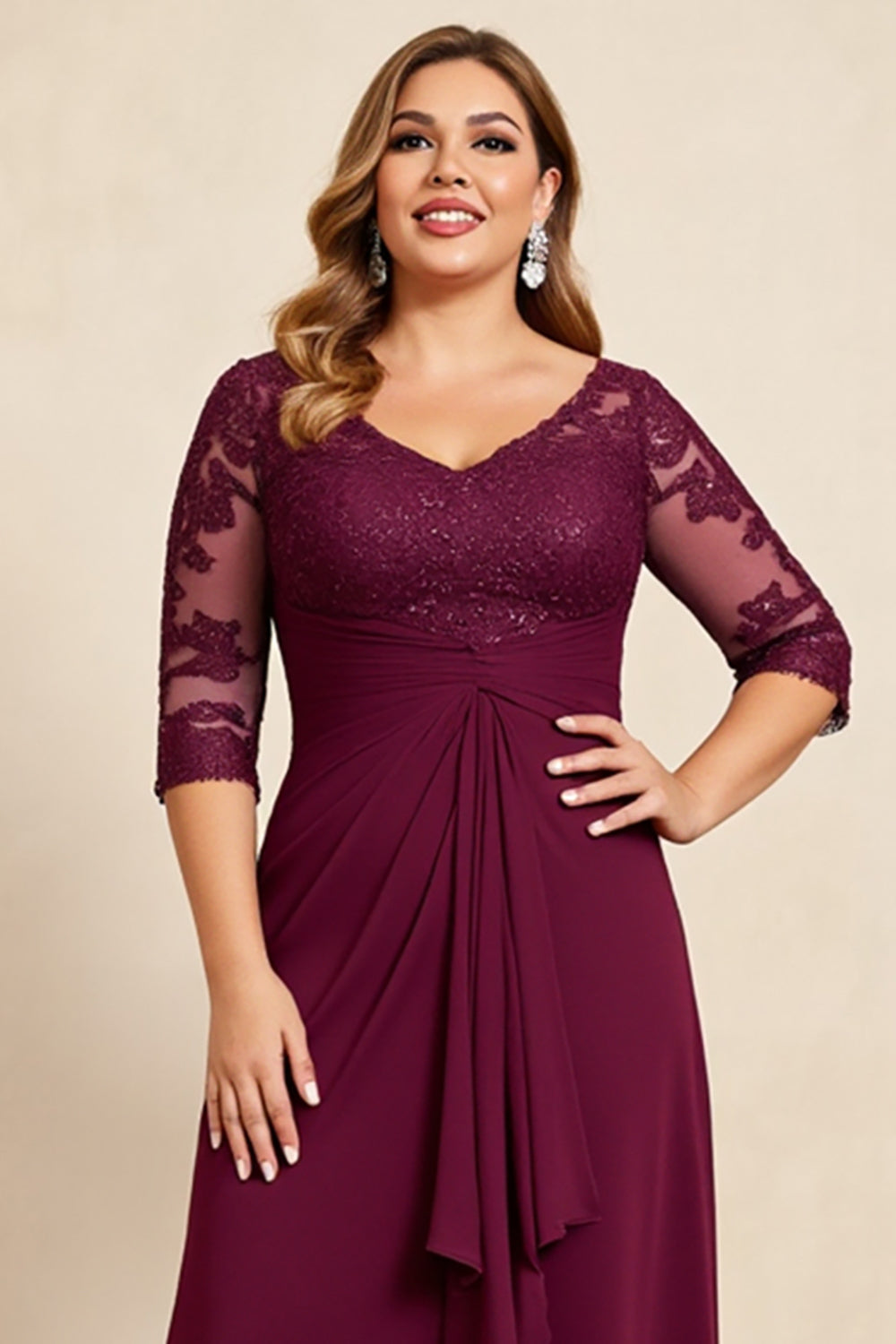 Burgundy Plus Size Appliqued Long Chiffon Mother of the Bride Dress