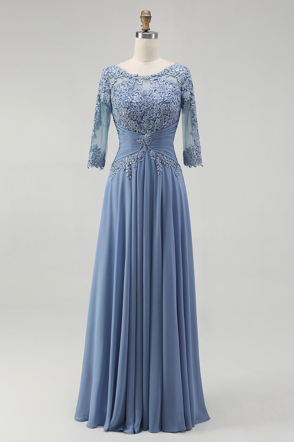 Dusty Blue Plus Size Illusion Neck Long Mother of the Bride Dress