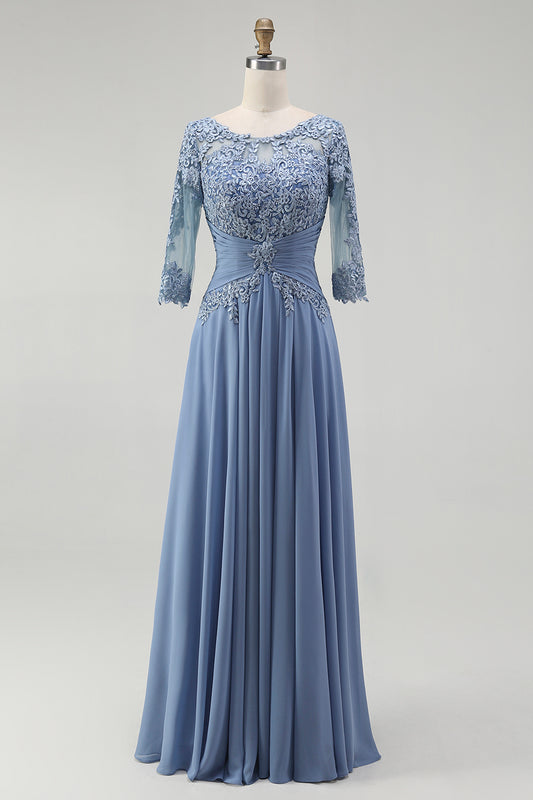 Dusty Blue Illusion Neck Plus Size Long Mother of the Bride Dress