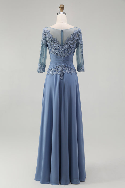 Dusty Blue Illusion Neck Plus Size Long Mother of the Bride Dress