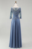 Dusty Blue Plus Size Illusion Neck Long Mother of the Bride Dress