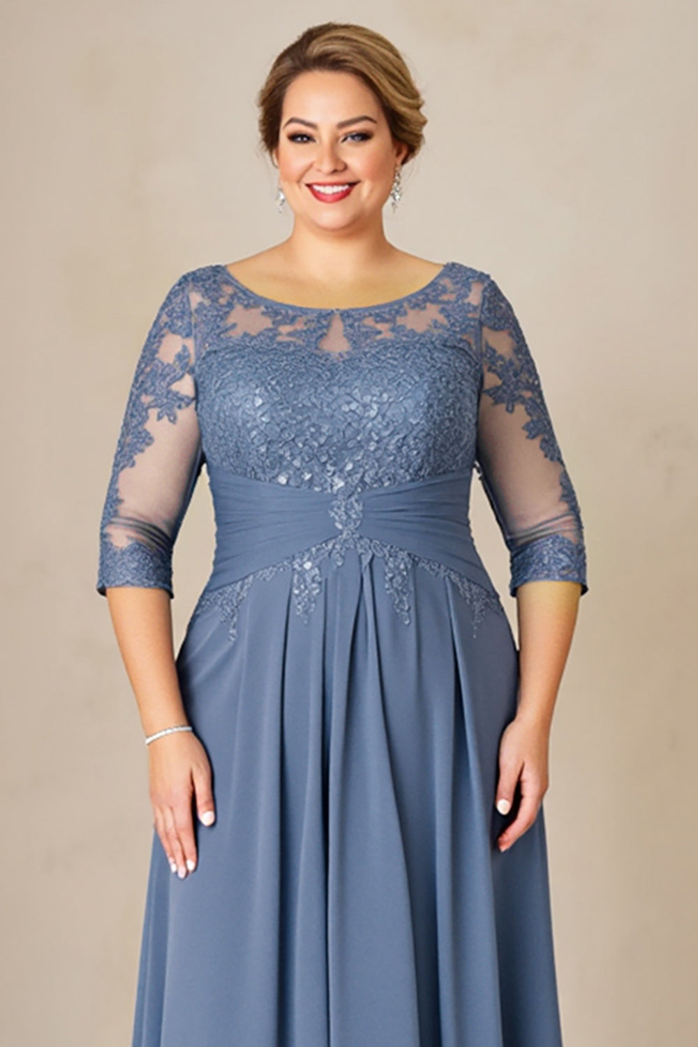 Dusty Blue Plus Size Illusion Neck Long Mother of the Bride Dress