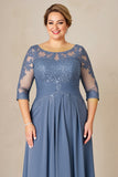 Dusty Blue Plus Size Illusion Neck Long Mother of the Bride Dress