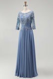 Dusty Blue Illusion Neck Plus Size Long Mother of the Bride Dress