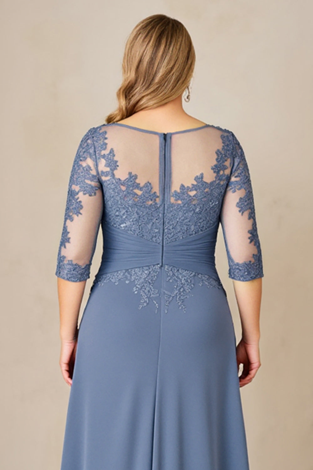 Dusty Blue Plus Size Illusion Neck Long Mother of the Bride Dress
