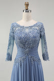 Dusty Blue Illusion Neck Plus Size Long Mother of the Bride Dress