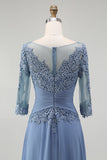 Dusty Blue Illusion Neck Plus Size Long Mother of the Bride Dress