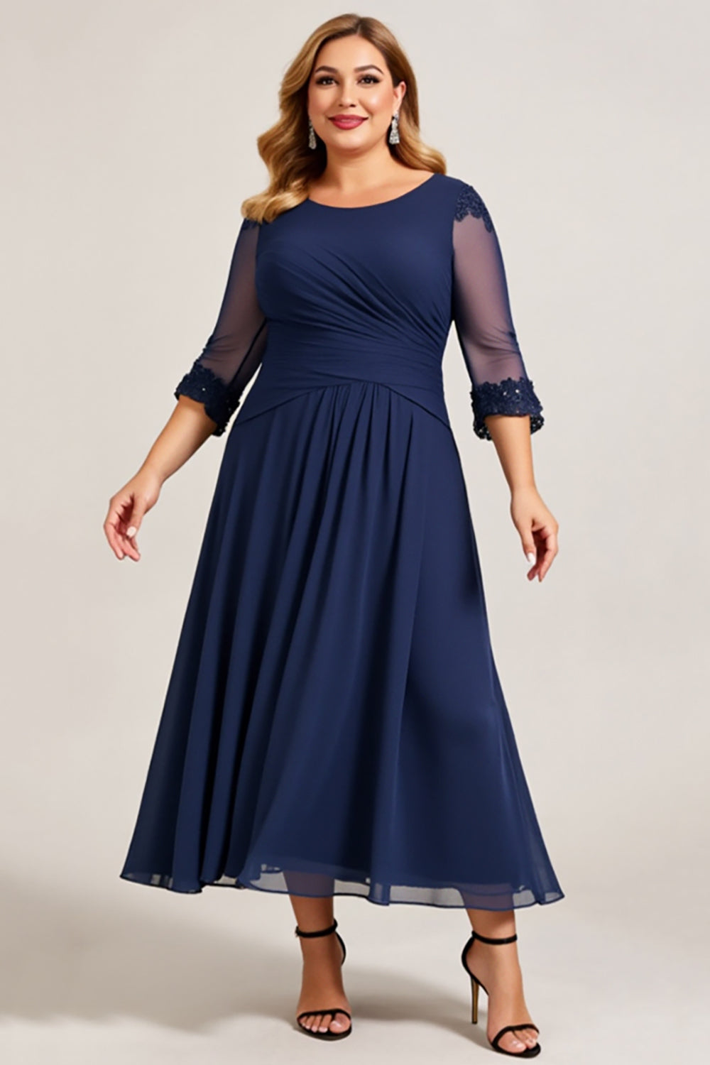 Navy Plus Size A Line Long Chiffon Mother of the Bride Dress with Sleeves