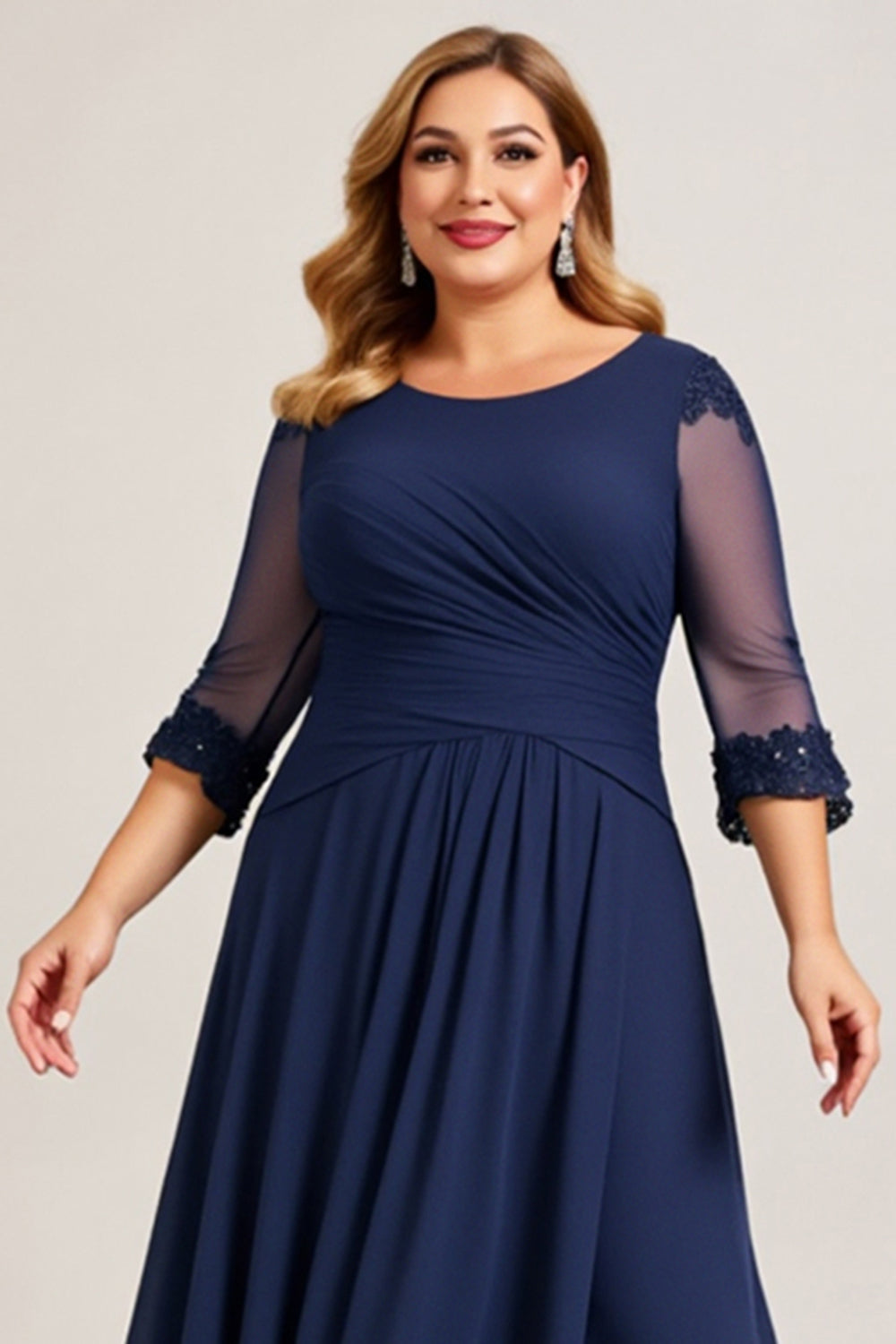Navy Plus Size A Line Long Chiffon Mother of the Bride Dress with Sleeves