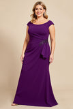 Purple Ruched Scoop Neck Long Mother of the Bride Dress