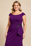 Purple Ruched Scoop Neck Long Mother of the Bride Dress