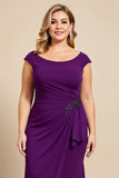 Purple Ruched Scoop Neck Long Mother of the Bride Dress