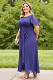 Navy Ruched Chiffon Long Plus Size Mother of the Bride Dress