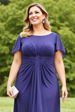 Navy Ruched Chiffon Long Plus Size Mother of the Bride Dress