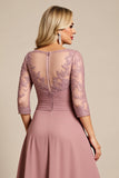 Dusty Rose Illusion Boat Neck Long Mother of the Bride Dress with Appliques