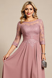 Dusty Rose Illusion Boat Neck Long Mother of the Bride Dress with Appliques