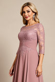 Dusty Rose Illusion Boat Neck Long Mother of the Bride Dress with Appliques