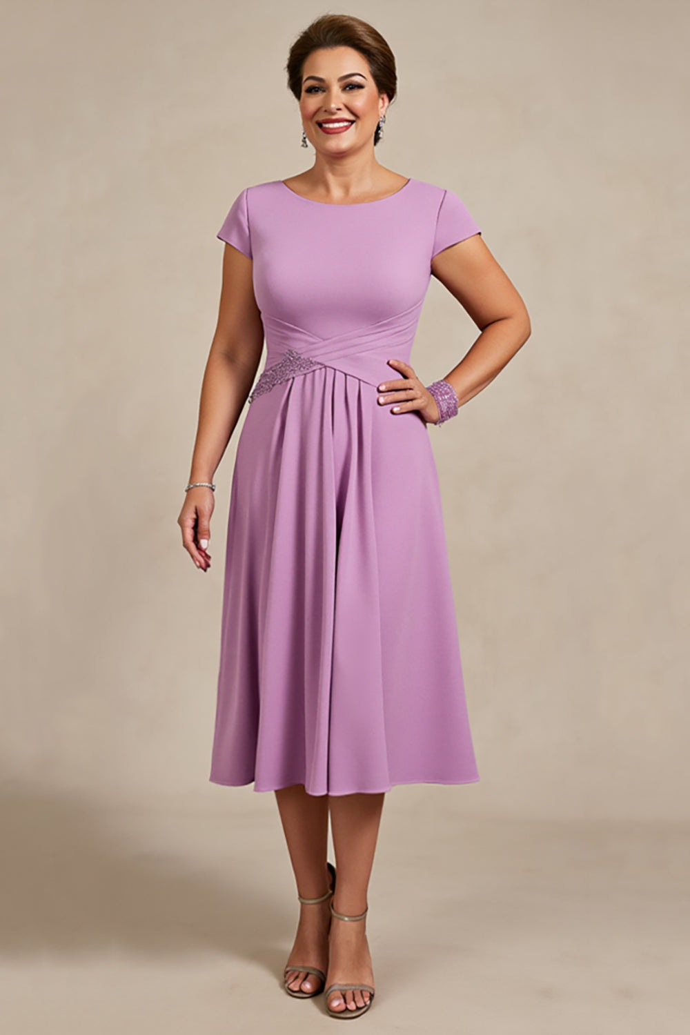 Lilac Chiffon Ruched A Line Midi Mother of the Bride Dress with Cap Sleeves