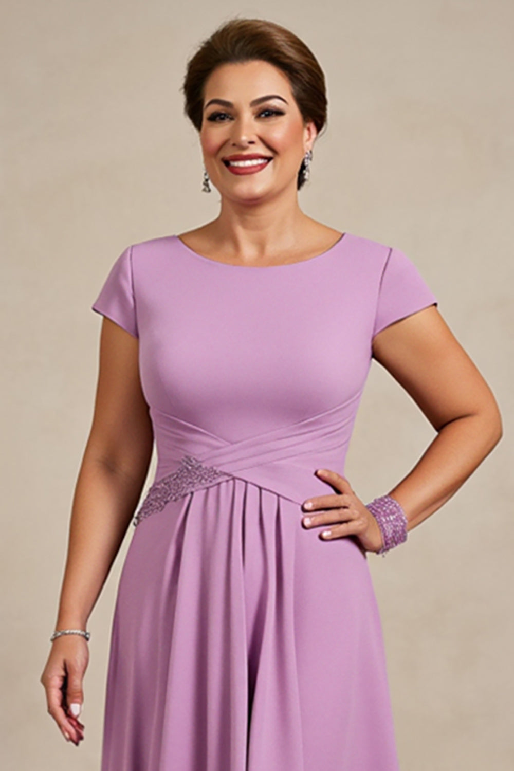 Lilac Chiffon Ruched A Line Midi Mother of the Bride Dress with Cap Sleeves