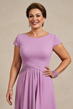 Lilac Chiffon Ruched A Line Midi Mother of the Bride Dress with Cap Sleeves