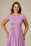 Lilac Chiffon Ruched A Line Midi Mother of the Bride Dress with Cap Sleeves