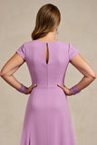 Lilac Chiffon Ruched A Line Midi Mother of the Bride Dress with Cap Sleeves