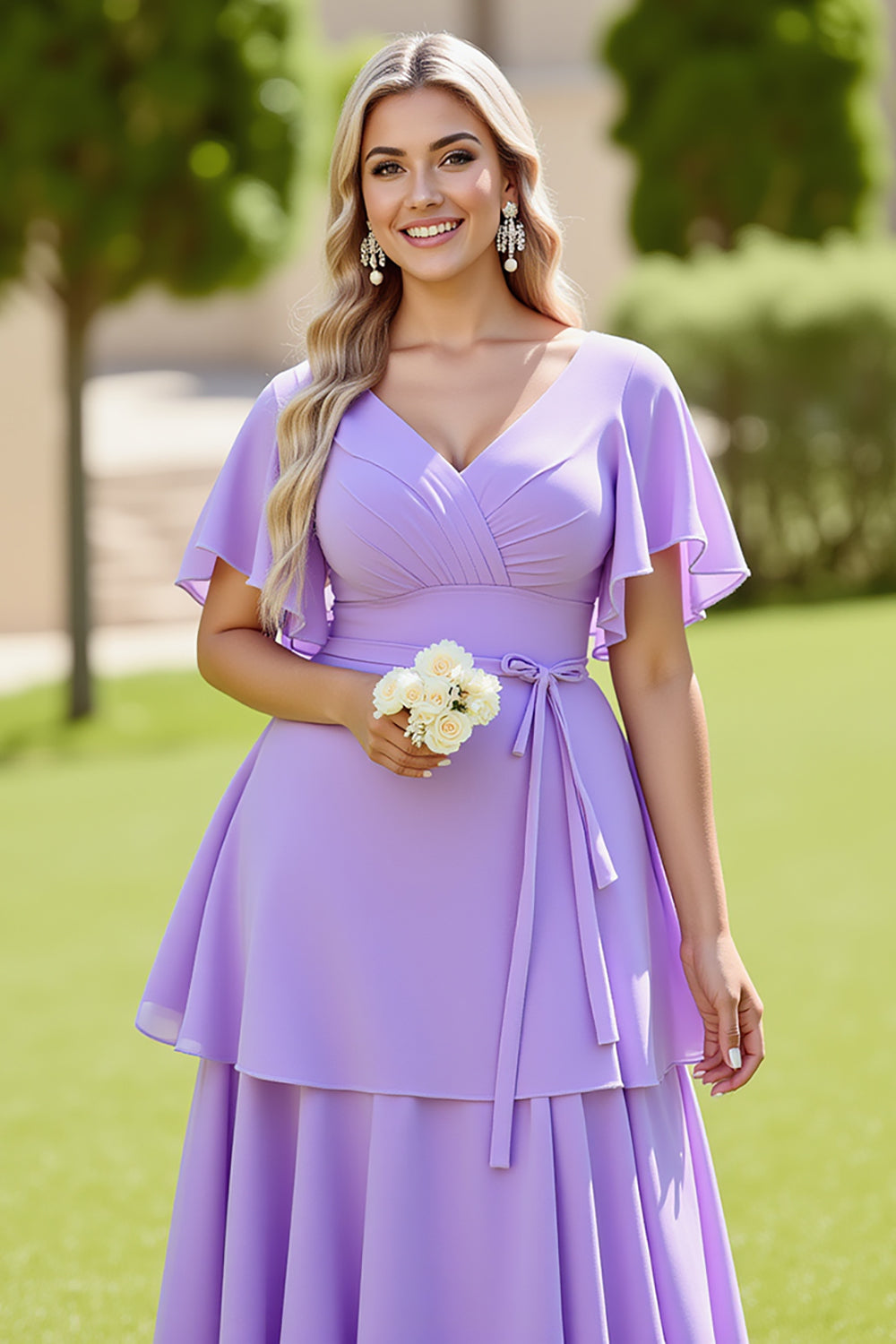 Lilac A Line Chiffon Tiered Long Bridesmaid Dress with Short Sleeves