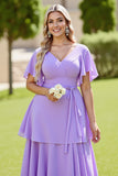 Lilac A Line Chiffon Tiered Long Bridesmaid Dress with Short Sleeves