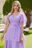 Lilac A Line Chiffon Tiered Long Bridesmaid Dress with Short Sleeves