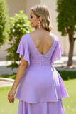 Lilac A Line Chiffon Tiered Long Bridesmaid Dress with Short Sleeves