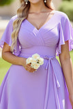 Lilac A Line Chiffon Tiered Long Bridesmaid Dress with Short Sleeves
