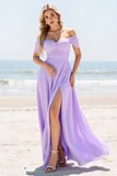 Lilac A Line Off the Shoulder Chiffon Long Bridesmaid Dress with Slit