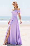 Lilac A Line Off the Shoulder Chiffon Long Bridesmaid Dress with Slit