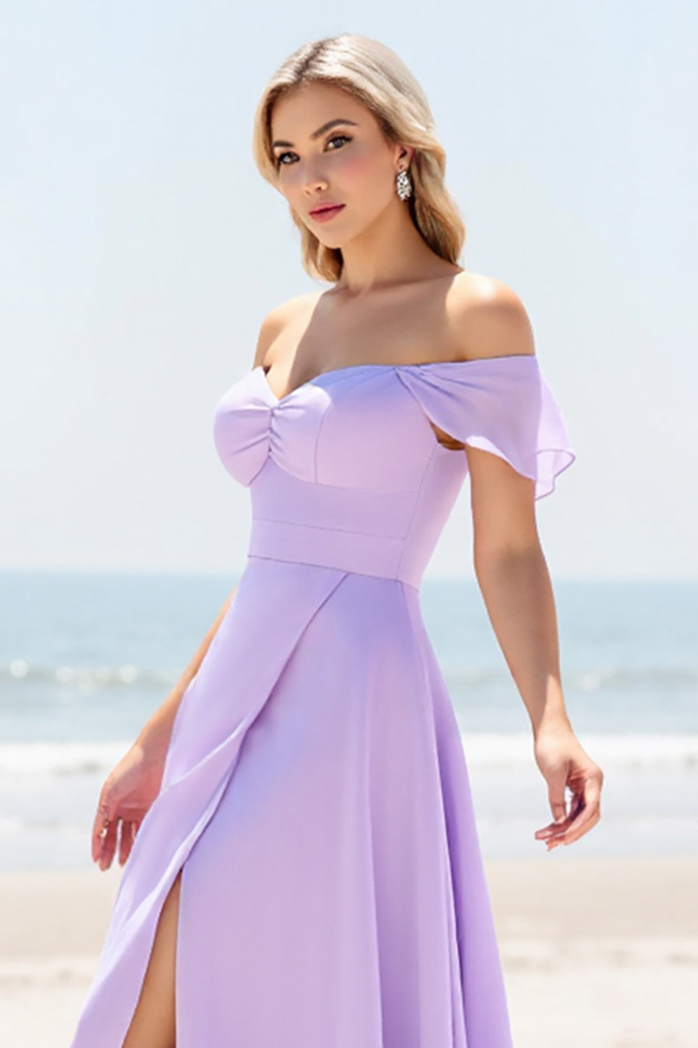 Lilac A Line Off the Shoulder Chiffon Long Bridesmaid Dress with Slit