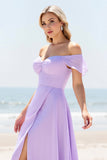 Lilac A Line Off the Shoulder Chiffon Long Bridesmaid Dress with Slit