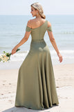 Olive A Line One Shoulder Long Satin Bridesmaid Dress with Slit